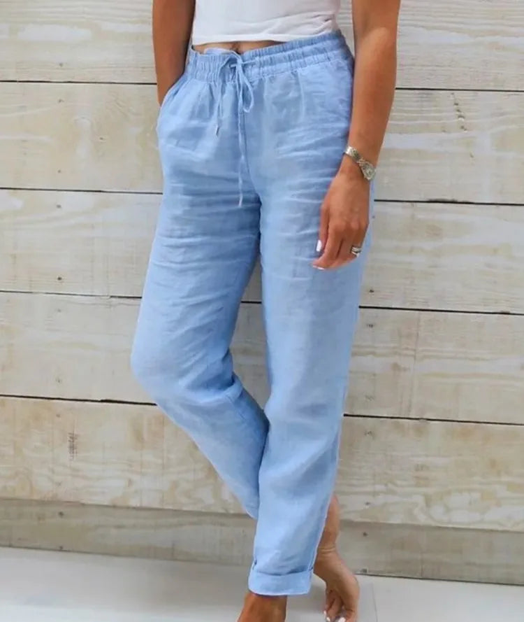 Women's Cotton Linen Pants — High Waist Elastic Casual Trousers — blue