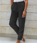 Women's Cotton Linen Pants — High Waist Elastic Casual Trousers — black