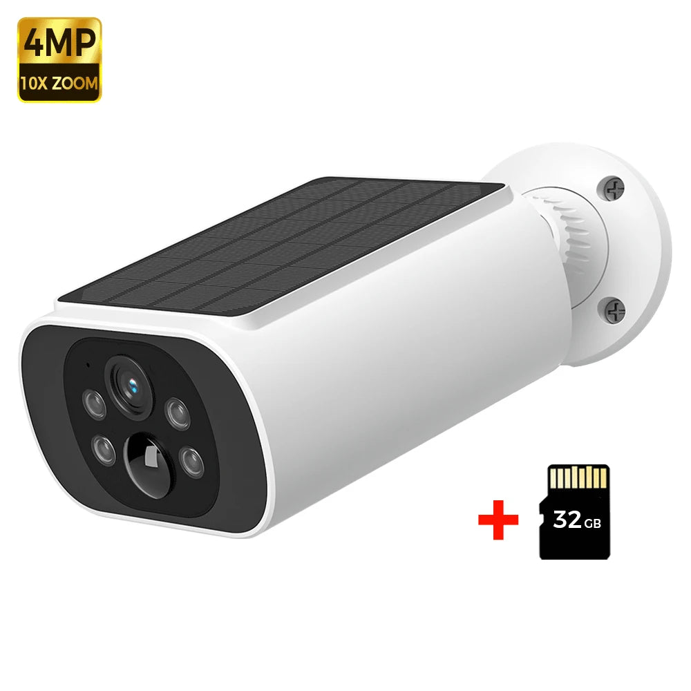 Solar Wireless Security Camera — 2.5K WiFi Outdoor Camera with Color Night Vision — White with 32G