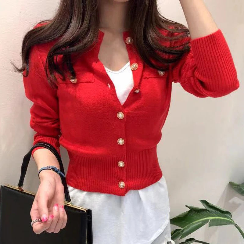 Women's Knitted Cardigan Sweater — Long Sleeve Single-Breasted Top — Red