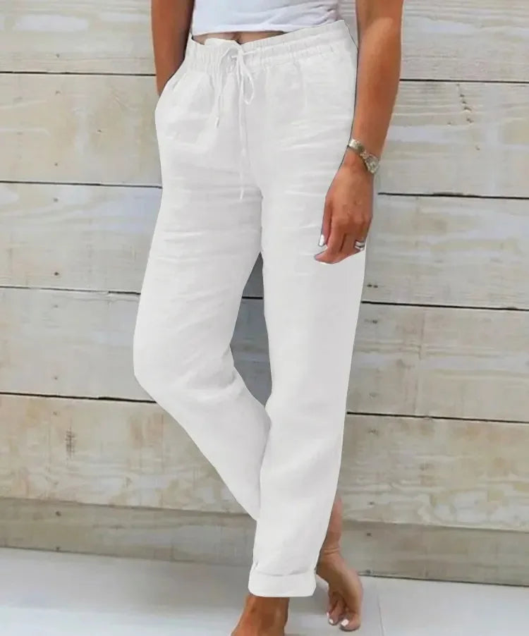 Women's Cotton Linen Pants — High Waist Elastic Casual Trousers — white