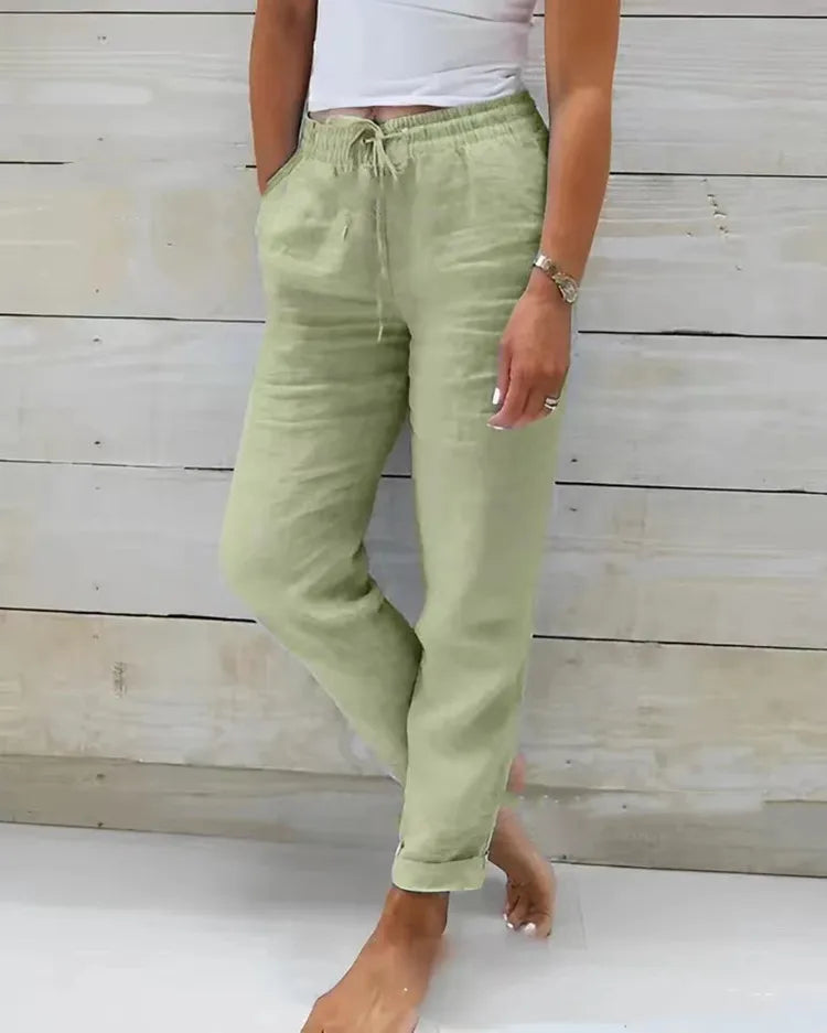 Women's Cotton Linen Pants — High Waist Elastic Casual Trousers — green